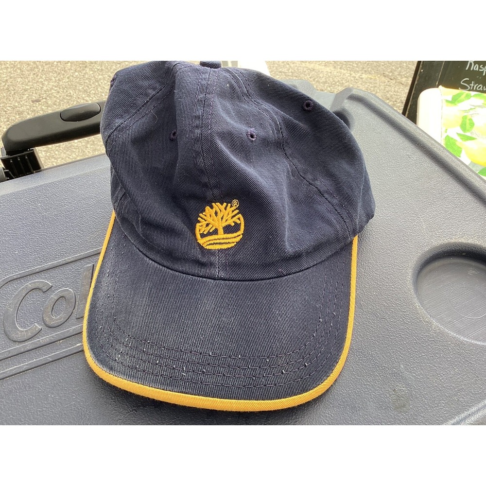 Timberland Logo Navy Hat Cap Adult Adjustable Strapback Blue Yellow Vintage